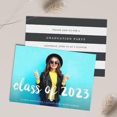 a graduation party card with a photo on the front and back, in black and white stripes