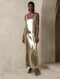 Maxime Metallic Maxi Dress | Banana Republic Coronation Dress, Shiny Shoes, Cocktail Attire, Sparkly Earrings, Metallic Dress, Silver Dress, Banana Republic Dress, Dress To Impress, Fashion News