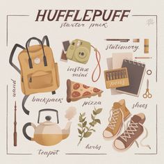 a poster with different items that include shoes, backpacks and other things in it