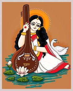 Swarasati Puja Drawing, Aesthetic Saraswati Goddess, Ma Saraswati Painting, Saraswati Bina Drawing, Cute Saraswati Drawing, Saraswati Acrylic Painting, Saraswati Canvas Painting, Easy Saraswati Drawing, Ma Saraswati Drawing