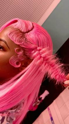 Birthday Color Wigs, Pink Wig Hairstyles, Pink Lace Front Wig, Curly Hair Sew In, Hair Tea, Braids Wigs, Hairstyles Wigs, Girl Braided Hairstyles