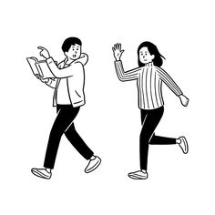 two people are walking and one is holding a book while the other holds his hand up