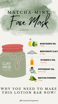 Clay Powder Face Mask, French Green Clay Mask Diy, Diy Clay Face Mask, Matcha Face Mask Diy, Face Mask To Sell, Clay Mask Aesthetic, Diy Clay Mask Recipes, Peppermint Aesthetic, Diy Bentonite Clay Mask