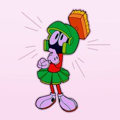 an image of marvin the martian cartoon character holding something in one hand and wearing a green outfit