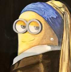 a drawing of a girl with a pearl earring wearing a minion hat and glasses