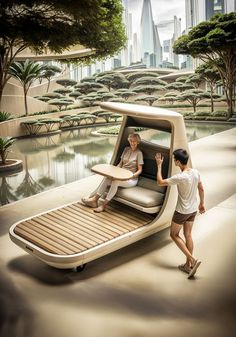 two people in a futuristic boat floating on water