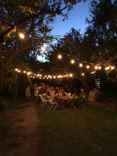 a group of people sitting around a table under string lights in the woods at night