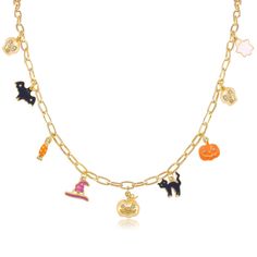 PRICES MAY VARY. 💀Charming Halloween-Themed Design💀: This Halloween charm necklace is the perfect accessory for celebrating the spooky season. Featuring a delightful assortment of meticulously crafted charms including a menacing skull, a sleek bat, a candy treat, a classic witch hat, a grinning pumpkin, a mysterious black cat, and an eerie ghost, each piece is designed to capture the essence of Halloween. These charms dangle elegantly from a 3mm thick paper clip chain, creating a fashionable s Gothic Necklaces For Halloween Costume Party, Halloween Costume Choker Necklace, Halloween Themed Jewelry For Costume Party, Themed Jewelry For Halloween Costume Party, Novelty Halloween Party Necklaces, Gold Necklace For Halloween Party, Spooky Halloween Jewelry For Costume Party, Spooky Halloween Costume Party Jewelry, Witchy Gold Jewelry For Halloween