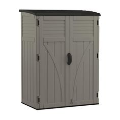 an outdoor storage shed with the door open and black trimmings on the side