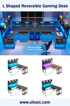 Sikaic L Shaped Reversible Gaming Desk in black with built-in power outlets and a keyboard tray, showcasing a modern gaming setup. Double Desks, Large Desks, L Shaped Desks, Pc Set Ups, Corner Desks, Double Desk, Gaming Desk Setup, L Shape Desk, Gaming Space