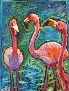 two pink flamingos standing next to each other