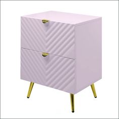 a white and gold nightstand with two drawers on one side, the other is pink