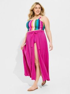 FIT Model is 5'10” wearing size 1. . Maxi silhouette. MATERIALS + CARE Cotton slub knit fabric. . 100% cotton. . Machine wash cold. Line dry. Imported. DETAILS Elastic waistband. . Front slit detail. The best plus size women's maxi slub front slit cover-up skirt swim skirts in bright fuchsia made of slub. Swim Skirts, Sheer Maxi Skirt, Rainbow Skirt, Skirt Images, Black Floral Maxi Dress, Chiffon Maxi Skirt, New Street Style, Tie Skirt, Wrap Maxi Skirt