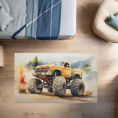 a painting of a monster truck on the floor next to a bed with pillows and blankets