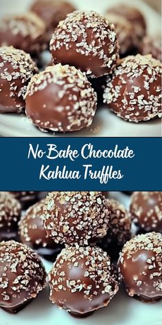 no bake chocolate kahlua truffles on a white plate with text overlay