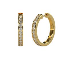 "These gorgeous 14k diamond hoop earrings are great for every day wear or out on the town. A great gift for yourself or a loved one. ** Purchase a single hoop for 1/2 the price M A T E R I A L & L E N G T H Available in 14k Yellow Gold, 14k Rose Gold, 14k White Gold Measurements: 1/2\" Width: 2 mm Stone: 22 Diamond Carat Weight: 0.22 ct. t.w. Color: G Quality: SI-VS Additional Notes: * Non-Conflict Diamonds * Made in the USA C U R R E N T ∙ T U R N A R O U N D Processing Time: 5-7 business d Classic Hoop Diamond Earrings For Everyday, Gold Round Channel Set Diamond Earrings, Gold Round Diamond Earrings Channel Set, Yellow Gold Hoop Earrings With Channel Set, Yellow Gold Hoop Earrings With Brilliant Cut For Anniversary, Diamond White Classic Hoop Earrings, Yellow Gold Brilliant Cut Hoop Earrings For Everyday, Anniversary Yellow Gold Hoop Earrings With Diamond Accents, Classic Yellow Gold Hoop Earrings With Brilliant Cut