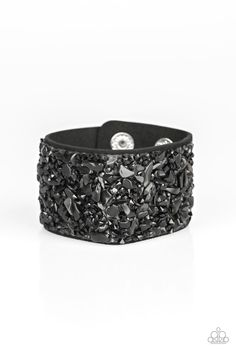 Black prism style rhinestones and bits of crushed black rock are sprinkled across a thick black suede band for an edgy look. Features an adjustable snap closure. Sold as one individual bracelet. P9DI-URBK-185XX Luxury Black Oxidized Bracelet, Pink Jewels, Snap Bracelets, Black Rock, Black Bracelets, Rock Stars, Paparazzi Accessories, Black Jewelry, Leather Wrap Bracelet