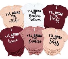 four different shirts with the words brunch, breakfast, and wine printed on them