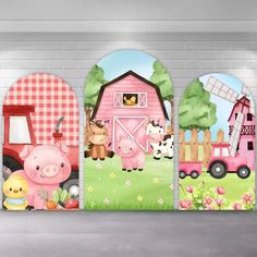 Barn House Cartoon Animals Pink Girls Farm Theme Arch Backdrop Cover Farm Cartoon, Animals Birthday Party, Farm Animals Decor, House Cartoon, Animals Birthday, Arch Backdrop, Seamless Backdrop, Picture Stand, Animal Birthday Party