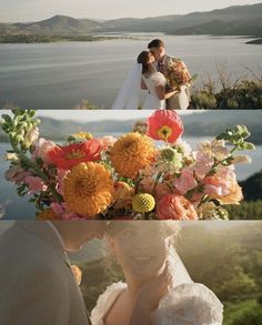 a couple kissing in front of a lake with flowers on their heads and the bride holding her bouquet