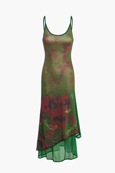 Floral Print Mesh Layer Slip Midi Dress Moda2000 Green Dress, Baddie Dresses, Visionary Fashion, Slip Midi Dress, Outerwear Trends, Media Screen, Future Outfit, Sheer Fabric, Knitwear Tops