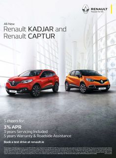 two orange and black cars in front of large windows with the words renault kadar and renaut captureur