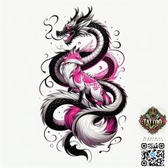 a dragon tattoo design with pink and black ink