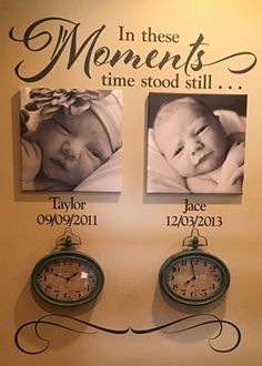 there are two clocks on the wall and one is holding a baby's head