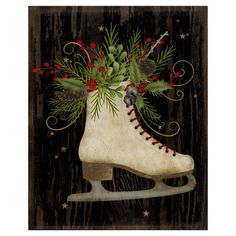 a painting of an ice skate with christmas decorations