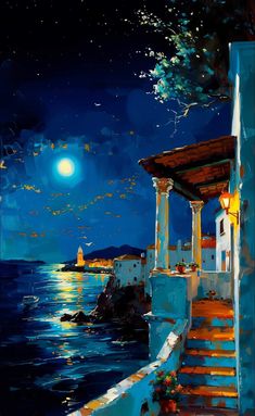 an oil painting of steps leading to the ocean at night with a full moon in the sky