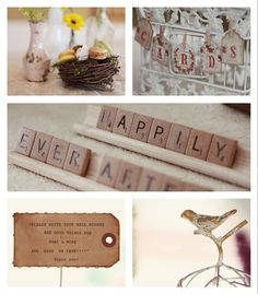 several different pictures with words and birds on them, including flowers in vases, bird figurines, wood letters that spell out the word happily