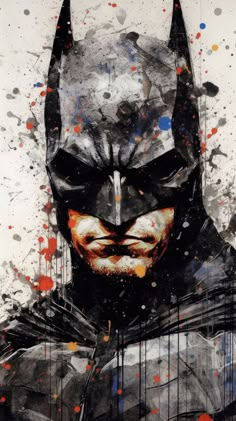 a painting of batman with paint splatters all over it