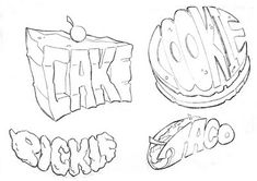 three different types of food are shown in this sketchbook style drawing set, each with the word take out written on it