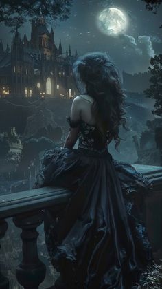 a woman in a black dress sitting on a bench looking at the moon and castle