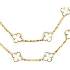 Marvel at the fusion of historic craftsmanship and modern elegance in the Van Cleef & Arpels Alhambra 18K Yellow Gold 20 Motif Circa 1985 White Coral Necklace. Transport yourself to a world of timeless beauty with this vintage piece, showcasing Van Cleef & Arpels' iconic Alhambra design. Crafted in exquisite 18K yellow gold, this necklace features 20 clover-shaped motifs adorned with creased textures and delicate gold bead trimmings.The centerpiece of this stunning necklace is the rare and elegant white coral, adding a touch of natural allure and sophistication to your ensemble. Each motif is a symbol of luck and charm, embodying the essence of Van Cleef & Arpels' legendary craftsmanship and artistic flair.This necklace is not just a piece of jewelry; it's a statement of style and heritage White Designer Jewelry With 17 Jewels, Designer White Jewelry With 17 Jewels, White Luxury Jewelry With Polished Finish, Luxury White Jewelry With Polished Finish, Exquisite White Polished Jewelry, Luxury White Hallmarked Jewelry, Luxury White Gold Plated Necklaces, Luxury White Necklaces, Luxury White Necklaces With Polished Finish