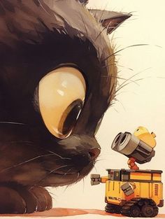 a painting of a cat looking at a robot