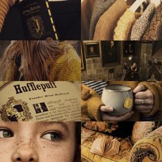 a collage of pictures with people holding books and coffee mugs, including harry potter