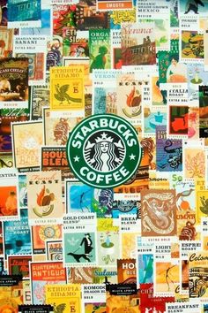 the starbucks logo is surrounded by many different types of stickers and coffee logos on it