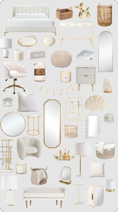 an assortment of white and gold furniture