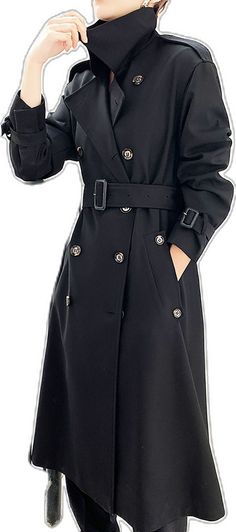 Vivian Seven Womens Trench Coat Black Black Long Sleeve Outerwear With Belt, Black Belted Long Pea Coat, Black Belted Outerwear For Fall, Black Belted Pea Coat For Fall, Black Double-breasted Belted Pea Coat, Black Double-breasted Belted Outerwear, Black Belted Double-breasted Pea Coat, Black Belted Double-breasted Outerwear, Trendy Black Double-breasted Outerwear