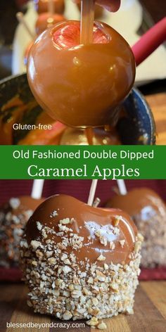 two caramel apples are stacked on top of each other