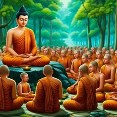 there are many buddhas sitting in the middle of a forest and one is meditating