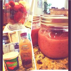 there are many different pictures of food in the jars and on the counter top, including strawberries, raspberries, chocolate chip cookies, and more