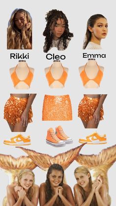 the different types of swimsuits are shown in this graphic style, including orange and white