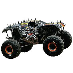 a monster truck with spikes on it's tires and an evil face painted on the front