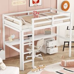 a child's loft bed with desk and chair in a pink girls bedroom setting