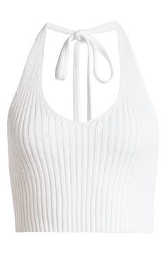 This softly ribbed sweater-knit halter top is designed with a deeply dipped neckline, cropped hem and a tie closure at the neck. 7" center front length (size Medium) Ties at neck Halter neck 100% cotton Machine wash, dry flat Imported Stretch Knit Halter Neck Crop Top, White Ribbed Halter Top For Spring, Fitted Ribbed Halter Neck Crop Top, Casual Ribbed Halter Neck Top, Trendy Knit Halter Neck Top, Summer Ribbed Halter Neck Crop Top, Trendy Ribbed Halter Top For Spring, Spring Ribbed Solid Color Halter Top, Spring Knit Halter Neck Crop Top