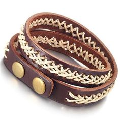 two brown leather bracelets with gold accents