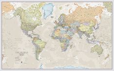 a map of the world with all countries and major cities on one side, in pastel colors