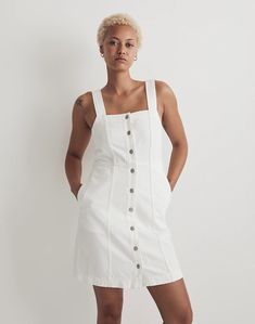 Denim Square-Neck Sleeveless Mini Dress in Tile White Mini Tank Dress, Denim Mini Dress, Mini Slip Dress, Madewell Dresses, Madewell Denim, Simple White, Mini Wrap Dress, Mini Shift Dress, Sleeveless Mini Dress